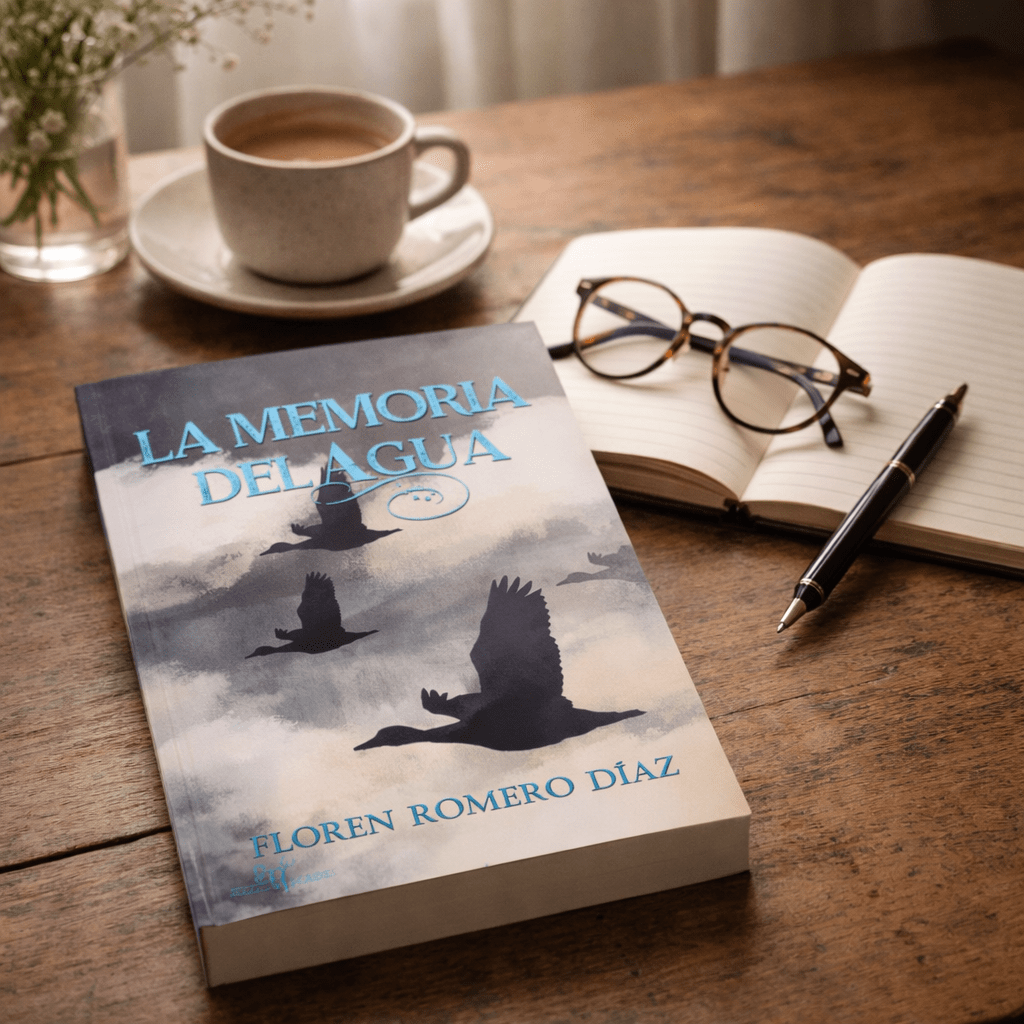 Libro La memoria del agua de Floren Romero sobre mesa de madera en ambiente cálido